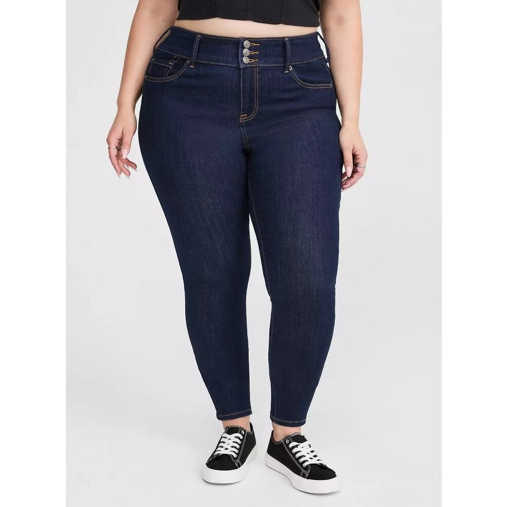 TORRID Skinny High Rise Jeggins Jean Dark Wash Button Front Stretch Sz 16 Short